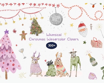 May include: Watercolor Christmas clipart featuring festive elements like a decorated tree, Santa, and dogs in sweaters. Includes a disco ball, champagne, and the text "Whimsical Christmas Watercolor Clipart 300+".