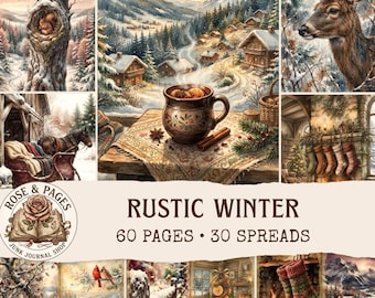 Kit de diario rústico de invierno, páginas de diario de cabaña vintage, papel para álbum de recortes y tarjetas de estilo granja, paquete de papeles acogedores de invierno, efímeros rústicos