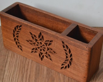 Vintage Pierced Wood Pen Pot: Celestial Desk Tidy, Made in India