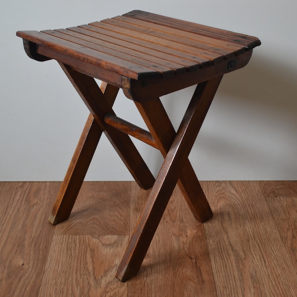 Vintage Child's Small Folding Slatted Wooden Stool 14.5" x 12" x 10.5"
