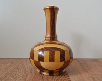 Jarrón vintage de madera segmentada torneada - 17,5 cm