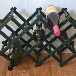 Vintage Green Wooden Concertina Wine Rack Folding Bottle Holder