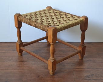 Vintage Woven Rush Seat Wooden Footstool Mid Century Stool