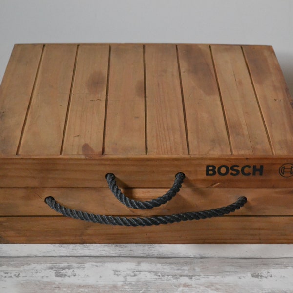 Vintage Bosch Wooden Storage Box with Rope Handles 36.5cm x 32cm x 12cm