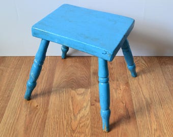 Vintage Blue Painted Handmade Wooden Milking Stool