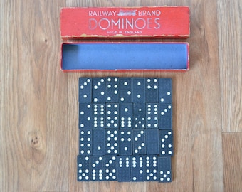 Vintage Railway Brand Dominoes Set of 28 Black Tiles Boxed