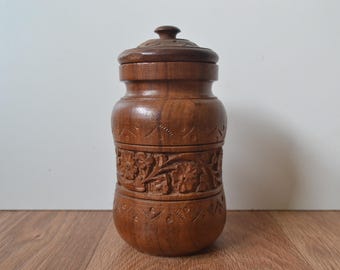 Vintage Carved Wooden Jar Pot with Lid 15cm x 8cm
