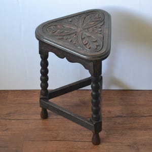 Vintage Arts & Crafts Style Carved Triangular Occasional Table
