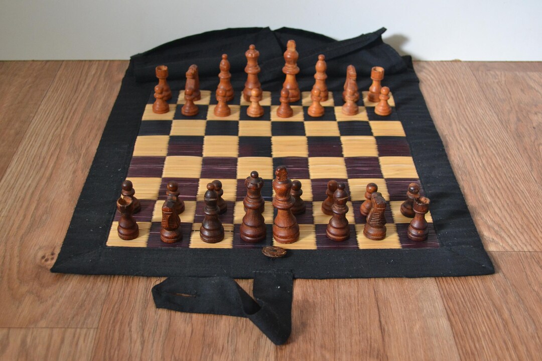 Vintage Roll up Fabric & Reed Chess Draughts Board With Wooden Chess ...
