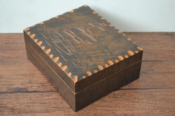 Vintage Carved Wood Music Box With Etched Ship Pattern - Jokiwa