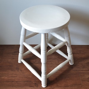 Vintage Cream Painted Solid Wood Round Farmhouse Stool 49.5cm x 35cm