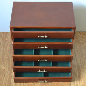 Vintage Mahogany Finish Tabletop Jewellery Chest Five Drawer Collectors Cabinet