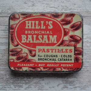 Vintage Hill&#39;s Bronchial Balsam Pastilles Tin - 3 5/8&quot; x  2 7/8&quot; (No Contents)