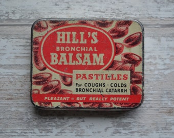 Vintage Hill's Bronchial Balsam Pastilles Tin - 3 5/8" x  2 7/8" (No Contents)