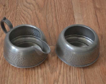 Vintage Civic Pewter 3317 Hammered Texture Sugar Bowl & Milk Jug - Made in England