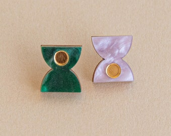 Hourglass Laser Cut Stud Earrings in Teal and Lilac, Gold Statement Studs