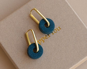 Clay Textured Circle Charm Gold Plated Hoop Earrings in Teal, Colour Block Earrings, Mothers Day Gift