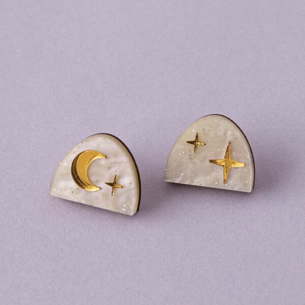 Celestial Arc Stud Earrings in White Marble and Gold, Winter Sparkle Stud Earrings, Stocking Filler Gift