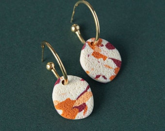 Terrazzo Clay Charm Gold Plated Hoop Earrings in Berry, Pumpkin & Peach, Autumn Earrings