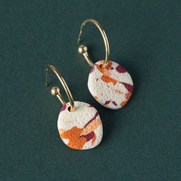 Terrazzo Clay Charm Gold Plated Hoop Earrings in Berry, Pumpkin & Peach, Autumn Earrings