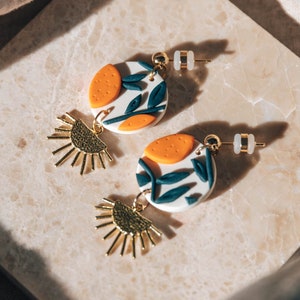 Orange Tree Drop Dangle Earrings with Brass Sun, Gifts for her, Polymer Clay Earrings, Mothers Day Gift