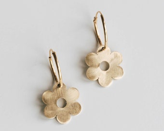 Brass Flower Floral Hoops, Gold & Brass Hoop Earrings, Gold Hoops, Summer Earrings