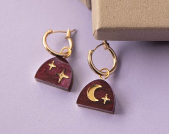 Merlot Red Marble Moon and Star Gold Hoop Earrings, Celestial Earrings with Gold Moons Stars