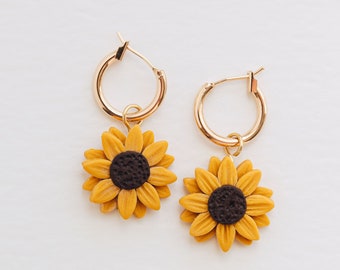 Sunflower Charm Floral Gold Plated Hoop Earrings, Summer Clay Earrings Hoops, Festival Jewellery