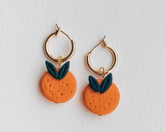 Oranges Fruit Charm Gold Hoop Earrings, Gifts For Her, Modern Jewellery, Orange Earrings