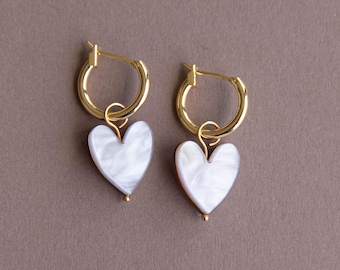 Love Heart Hoops in Pearly White with Lilac, Love Theme Earrings Bridal Love Jewellery