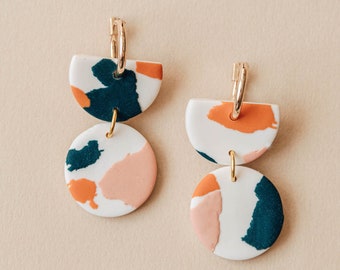 Statement Terrazzo Clay Hoop Earrings in Deep Teal, Pink & Orange Pattern, Gold Plated Hoops, Gifts For Her, Handmade Mothers Day Gift