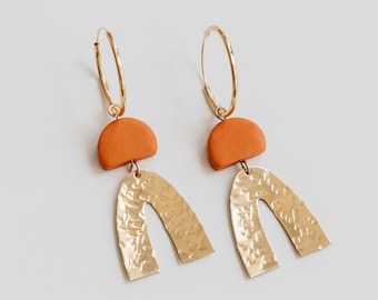 Arc Gold Hoop Earrings with Bright Orange Clay Semi-Circle, Grace Earrings, Gifts For Her