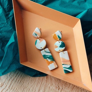 Statement Clay Colourful Drop Dangle Earrings in Teal, Pink and Orange Watercolour Effect, Unique Artistic Mothers Day Jewellery