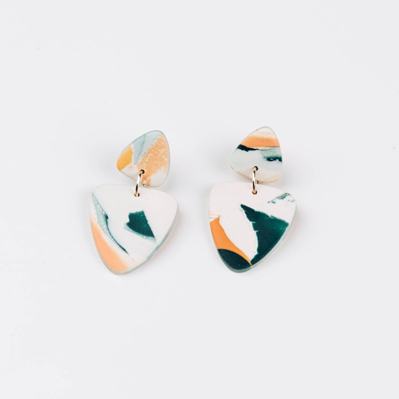 Polymer Clay Drop Earrings in Lagoon Watercolour Green, Orange and Pink, Organic Shapes, Unique Gifts for Her, Jewellery for Her image 2