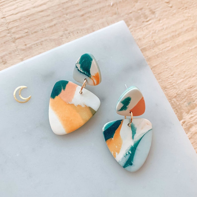 Polymer Clay Drop Earrings in Lagoon Watercolour Green, Orange and Pink, Organic Shapes, Unique Gifts for Her, Jewellery for Her image 1