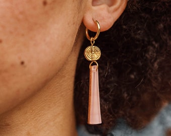 Power Drop Hoop Earrings with Swirl Brass Charm and Colourful Acrylic Teardrop in Dusky Lilac