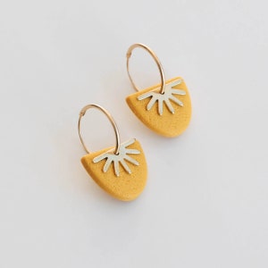 Bright Yellow Clay and Brass Sun Ray Gold Hoop Earrings in Sunshine Sunflower Yellow