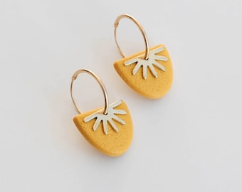 Bright Yellow Clay and Brass Sun Ray Gold Hoop Earrings in Sunshine Sunflower Yellow