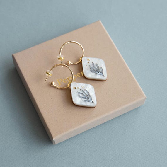 Celestial Coral Hoop Earrings in Pearly White and Blue with Gold Stars