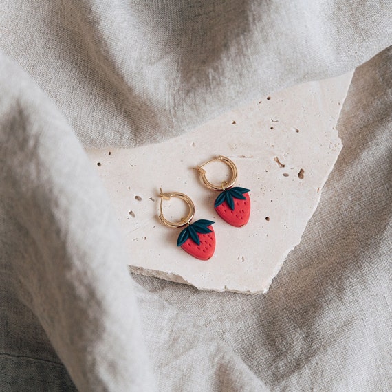Strawberry Fruit Charm Gold Plated Hoop Earrings Summer Earrings Etsy Canada
