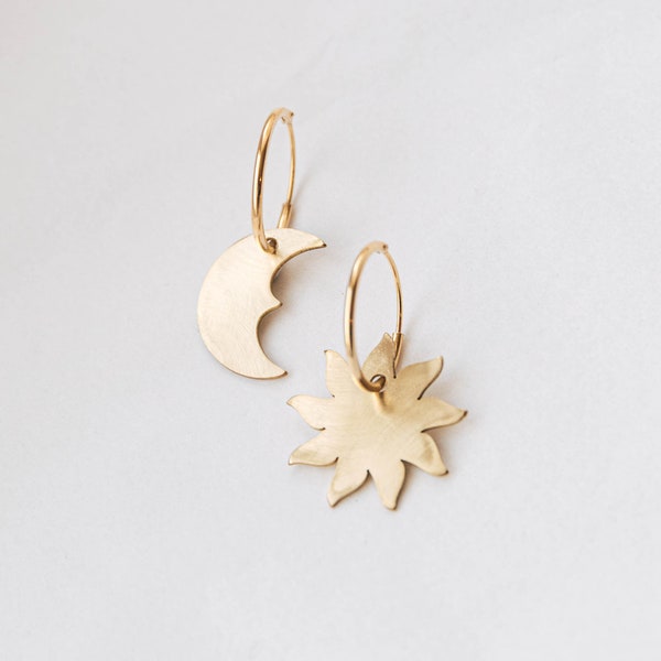 Recycled Brass Sun and Moon Hoops, Rise & Shine Hoop Earrings, Gold Hoops