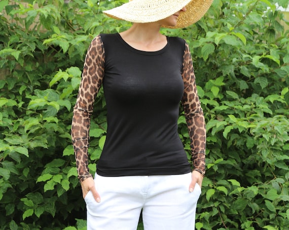 Black top/ Black top women / Long sleeve top / Sheer top / Black shirt / Animal print top / Womens top / Sexy top / Black tops in the UK