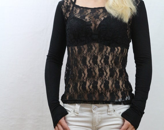 Black top/ Womens black top / Long sleeve top / Black shirt / Sheer top / Black tops for women / Black blouse / Lace top / sexy top