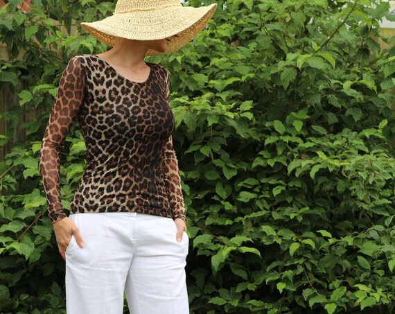 Black top/ Womens black top / Long sleeve top / Black shirt / Sheer top / Animal print top / Black tops for women