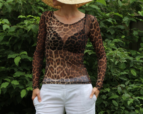 Black top/ Womens black top / Long sleeve top / Black shirt / Sheer top / Animal print top