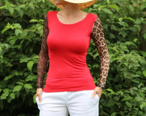 Red top/ Womens red top / Long sleeve top / Red shirt / Animal print top / Red blouse / Womens top / Sexy top