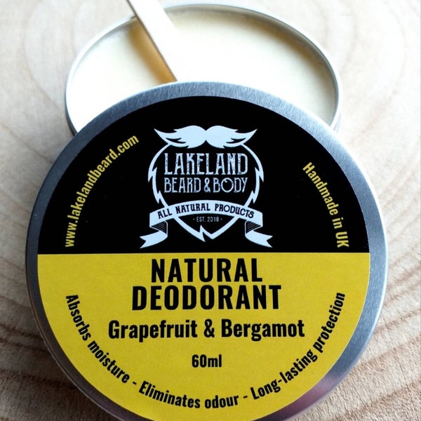 Natural Deodorant, Grapefruit and Bergamot scent, 60ml, Lakeland Beard & Body.