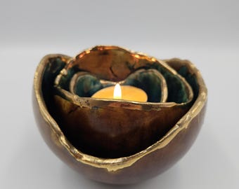 Handmade Ceramic Tealight Holder Set, Wabi Sabi Kintsugi Candle Holders
