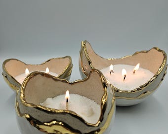 Handmade Ceramic Candle Bowl Set – 24K Gold Wedding Gift