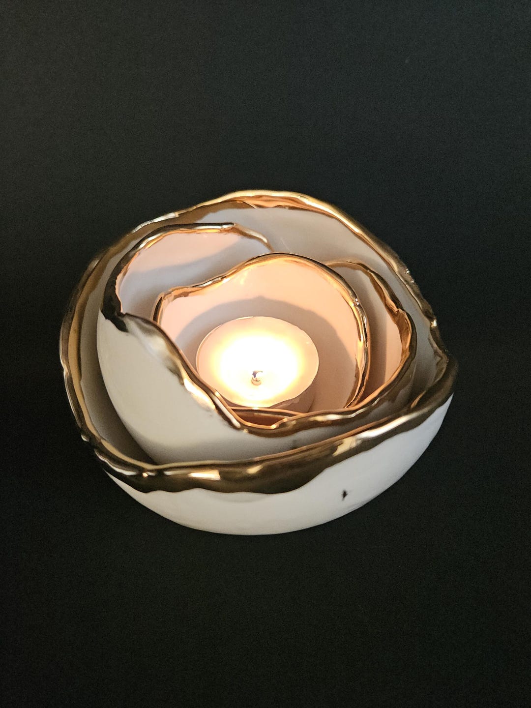 Kintsugi-inspired Ceramic Candle Holder Set – Handmade White & Gold Rim ...